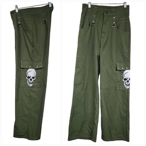 Fairycore Skull Print Cargo Pants Olive Green Wide Leg Baggy Fit Casual Fairy S